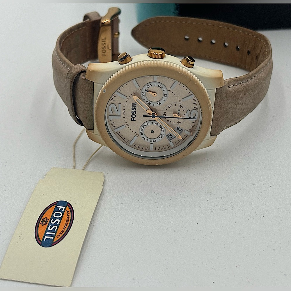 FOSSIL Perfect Boyfriend Beige Dial Stainless Steel Leather Strap Chrono Watch